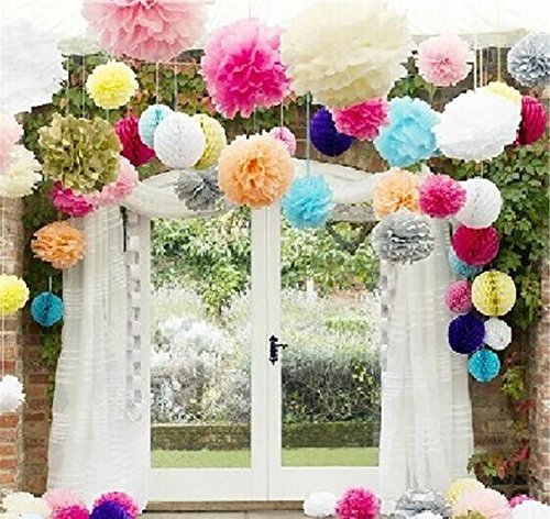 Life Glow 12Pcs Pom Poms Of 10'' 12'' 14'' Multi-Colors Tissue Paper Craft Pom Poms Kit Tissue Paper Flowers Wedding Decorations