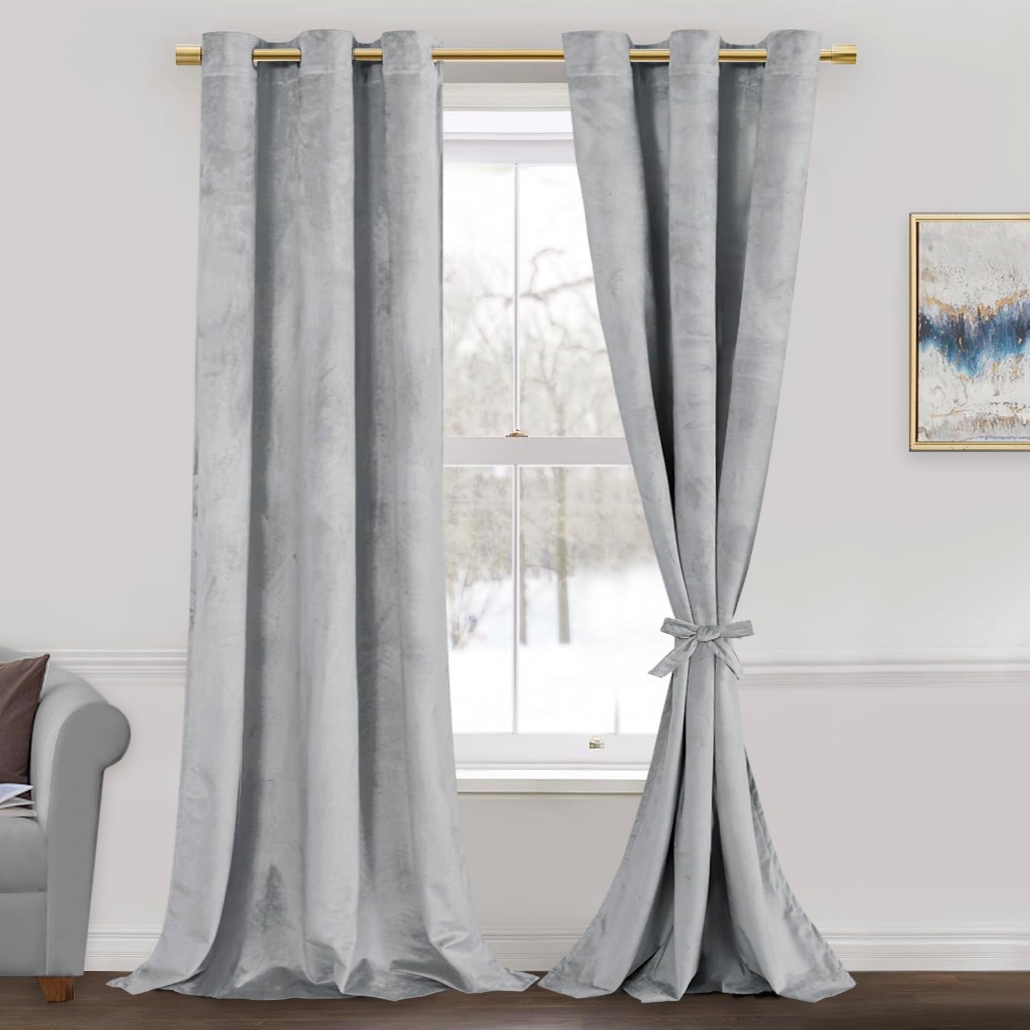 Jiuzhen Silver Grey Velvet Curtains 108 Inches Blackout Curtains For Living Room - Privacy Protect Room Darkening Grommet Thick