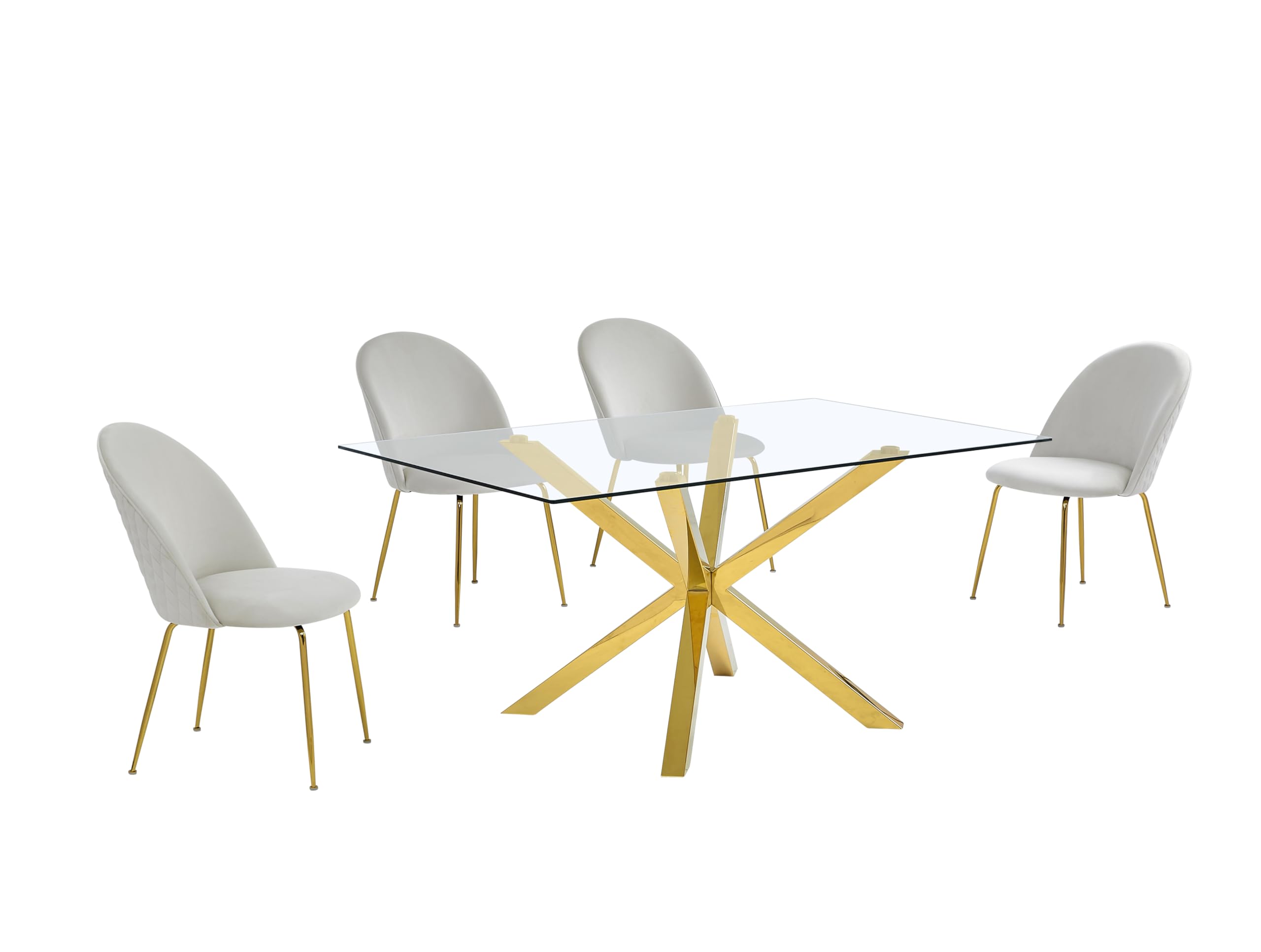 Best Quality Furniture 5Pc Glass Dining Set, 1 Table + 4 Velvet Chairs, Cream Velvet