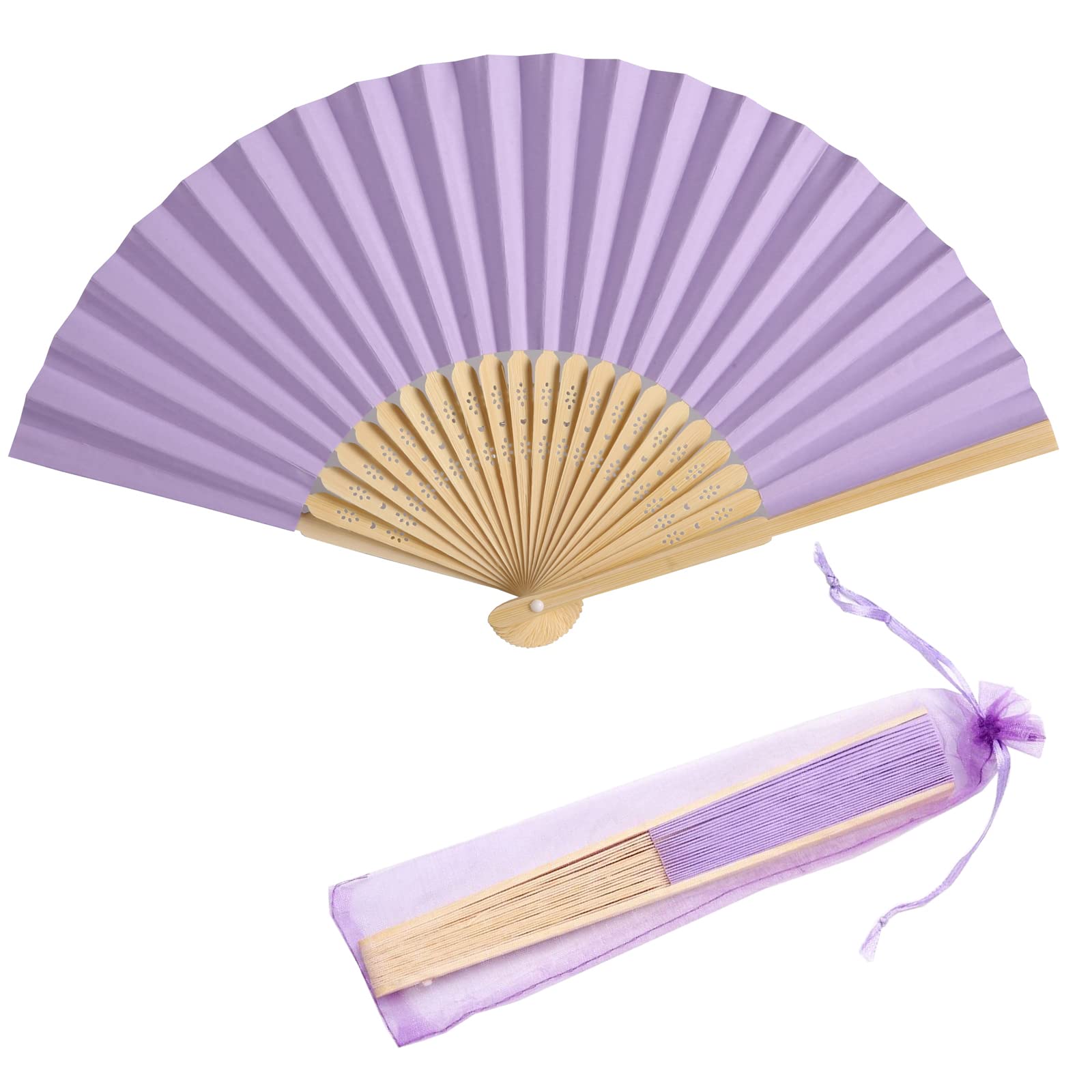 SL crafts 50pcs Paper Hand Fan with Organza Bags Bamboo Handheld Folding Fan Decorative Paper Fan Wedding Party Favors (Light Pu
