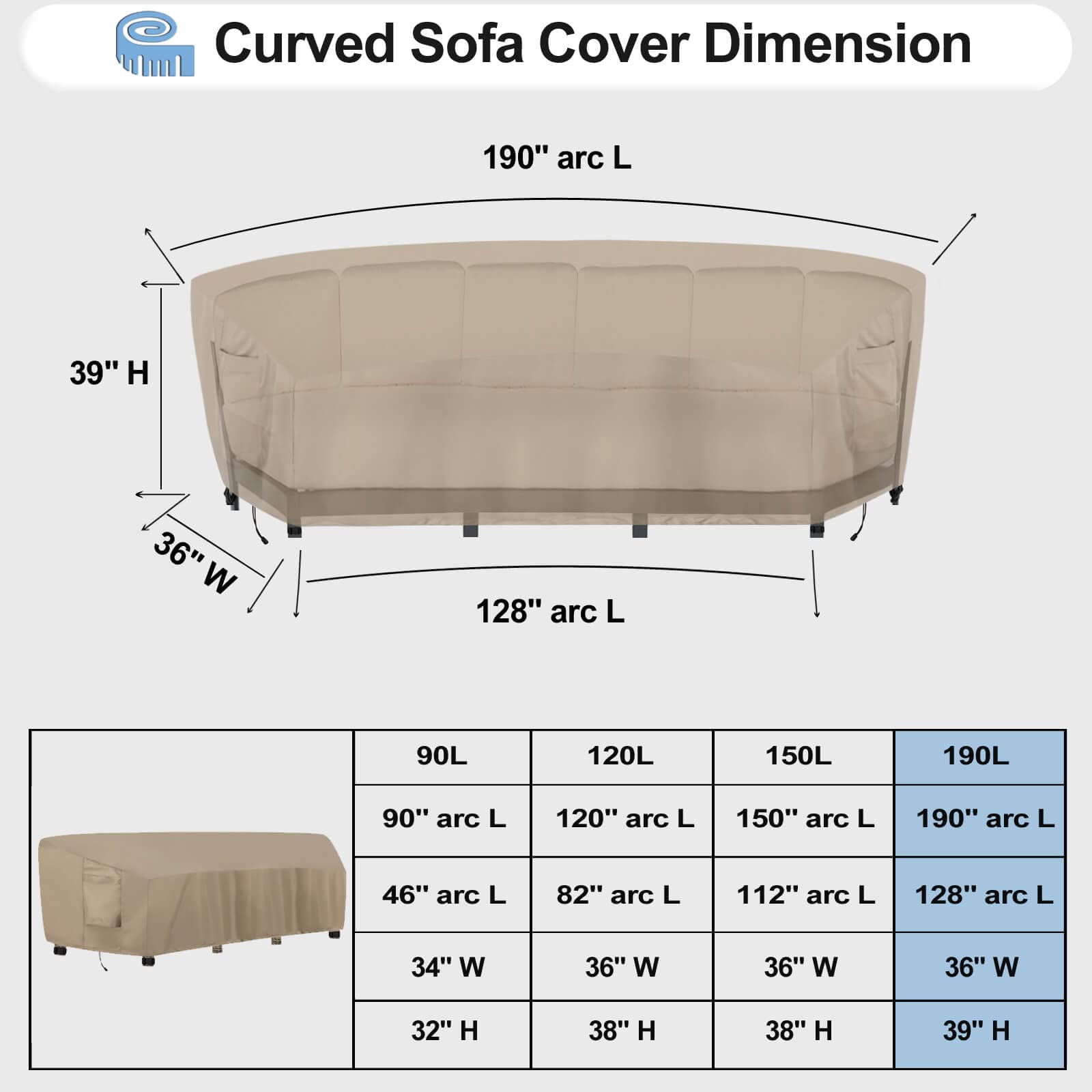 Outdoorlines Waterproof Curved Outdoor Sectional Cover - Uv Resistant Windproof Patio Sectional Sofa Covers For Deck, Lawn And Backyard, Heavy Duty Furniture Covers (190Lx36Dx39Hx128Fl, Camel)
