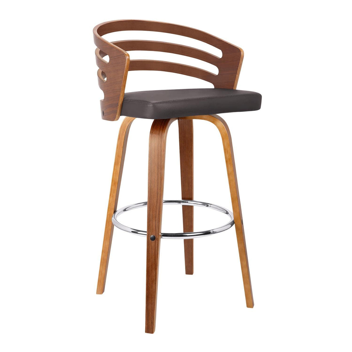 Armen Living Jayden Modern 30' Seat Height Swivel Brown Faux Leather And Walnut Wood Bar Stool For Kitchen Island Counter