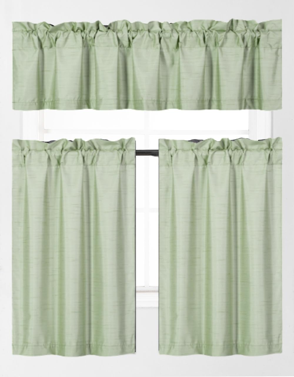 3Pc Set Solid Faux Silk Lined Blackout Rod Pocket Small Kitchen Window Curtain With Valance (K3) (Sage Green)