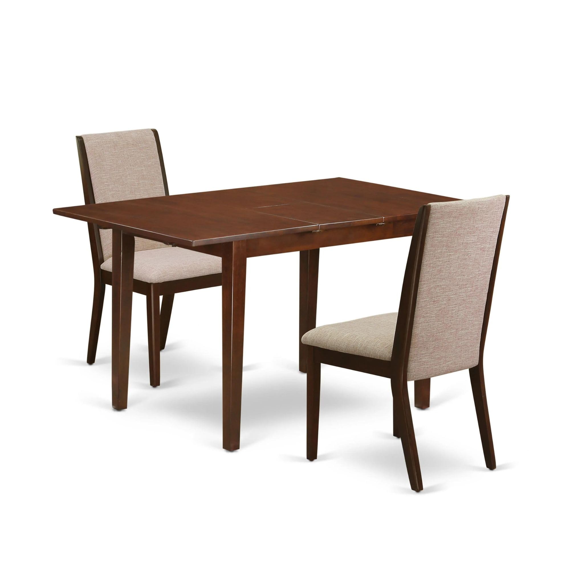 East West Furniture Nfla3-Mah-04 3 Piece Dining Room Table Set Contains A Rectangle Kitchen Table With Butterfly Leaf And 2 Light Tan Linen Fabric Parsons Chairs, 32X54 Inch, Mahogany