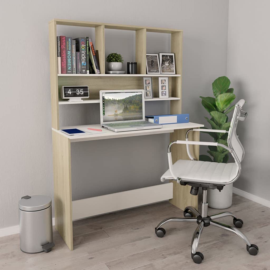 vidaXL Engineered Wood Desk with Shelves - Space-Saving Vertical Design, Modern Style, White and Sonoma Oak, 43.3&quot;x17.7&quot;x61.8&quot; - Ample Storage Solution for Office or Dorm Room
