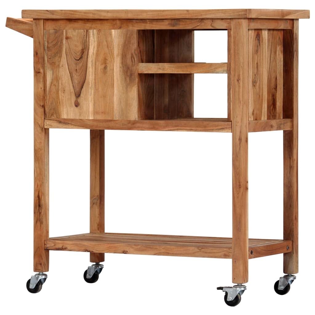 vidaXL Versatile Kitchen Trolley - Solid Acacia Wood Kitchen Cart with Storage Drawers and Shelves - Mobile Kitchen Island with Lockable Casters - Brown