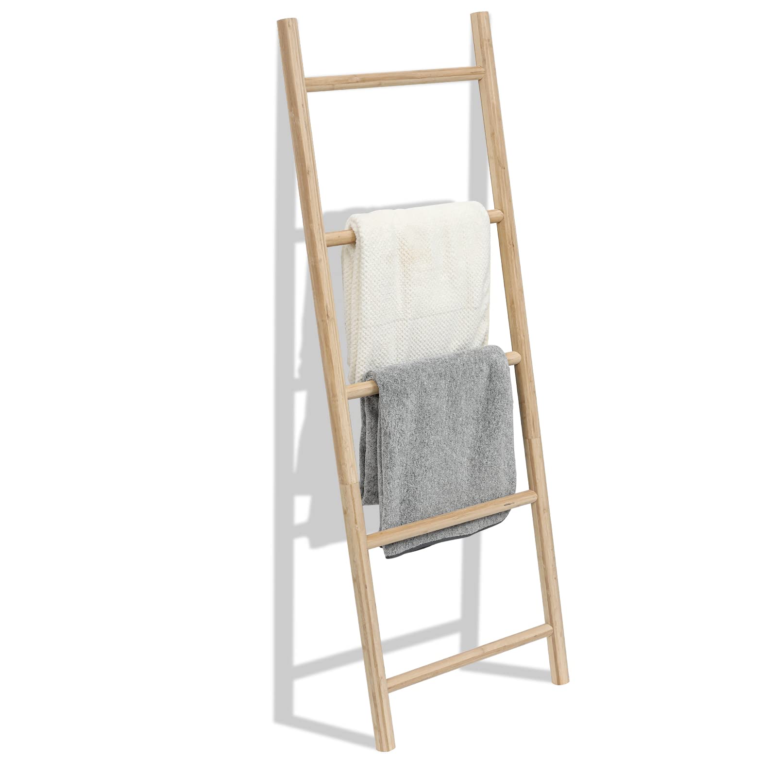 FUIN Fully Assembled 57in Bamboo Blanket Ladders Living Room Wood Decorative Wall Leaning Farmhouse Quilt Display Holder Rustic 