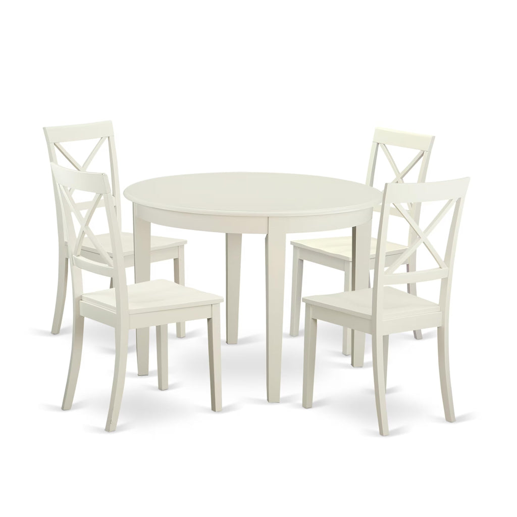 East West Furniture BOST5-WHI-W 5 Piece Modern Dining Table Set Includes a Round Kitchen Table and 4 Kitchen Dining Chairs, 42x42 Inch, Linen White