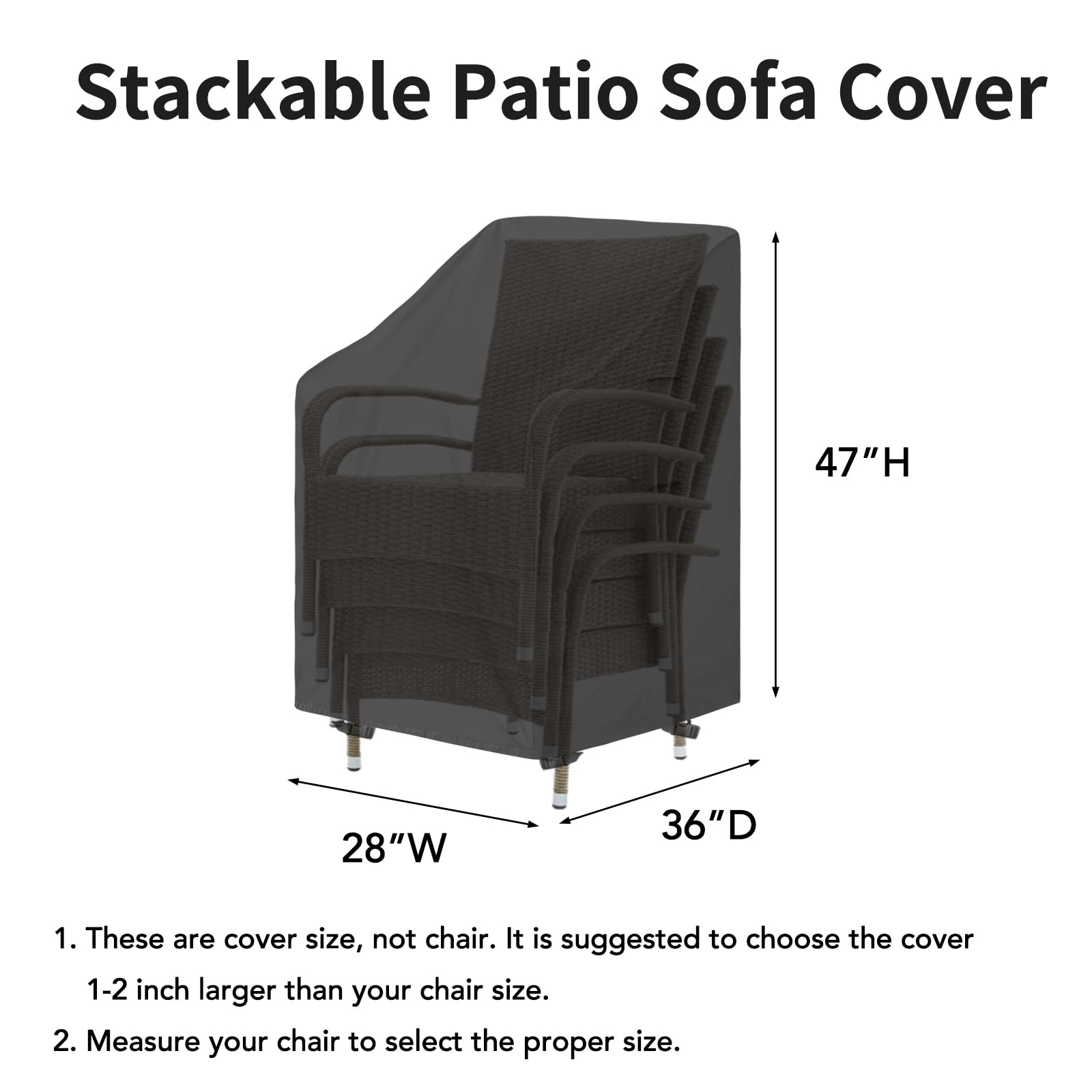 Easy-Going Stackable Patio Chair Cover Uv Resistant Outdoor Chair Cover Waterproof Lawn Patio Furniture Covers Fits For 4-6 Stackable Dining Chairs (2 Pack-28Wx36Dx47H Inch, Black)