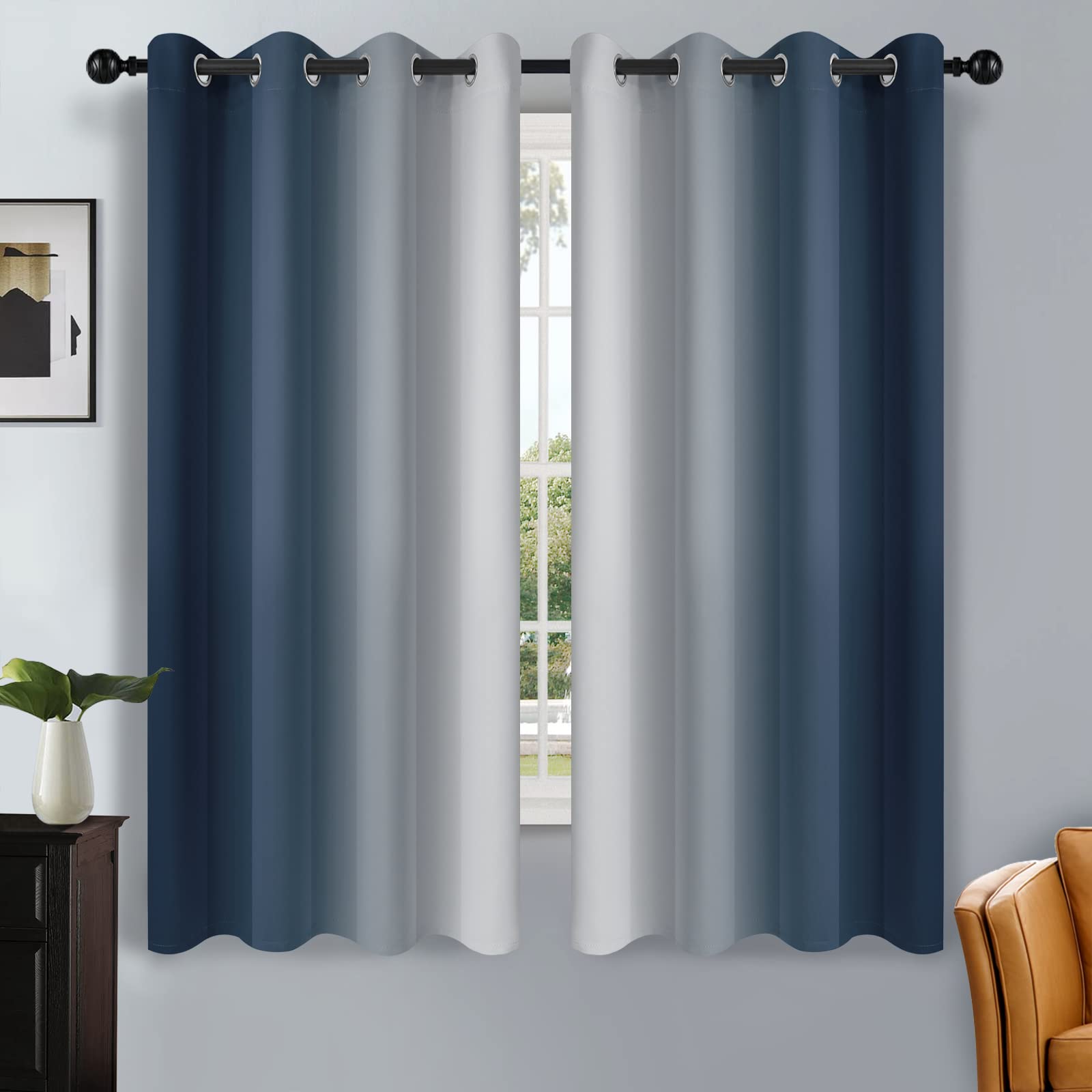 Simplehome Navy Blue Ombre Room Darkening Curtains For Living Room, Light Blocking Gradient Thermal Insulated Grommet Window Cur