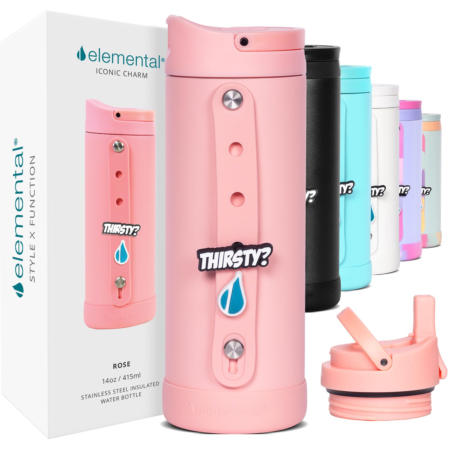 Elemental Iconic Kids Water Bottle with Straw Lid & Charms Strap, Leak-Proof When Closed, Triple Insulated Stainless Steel Reusa