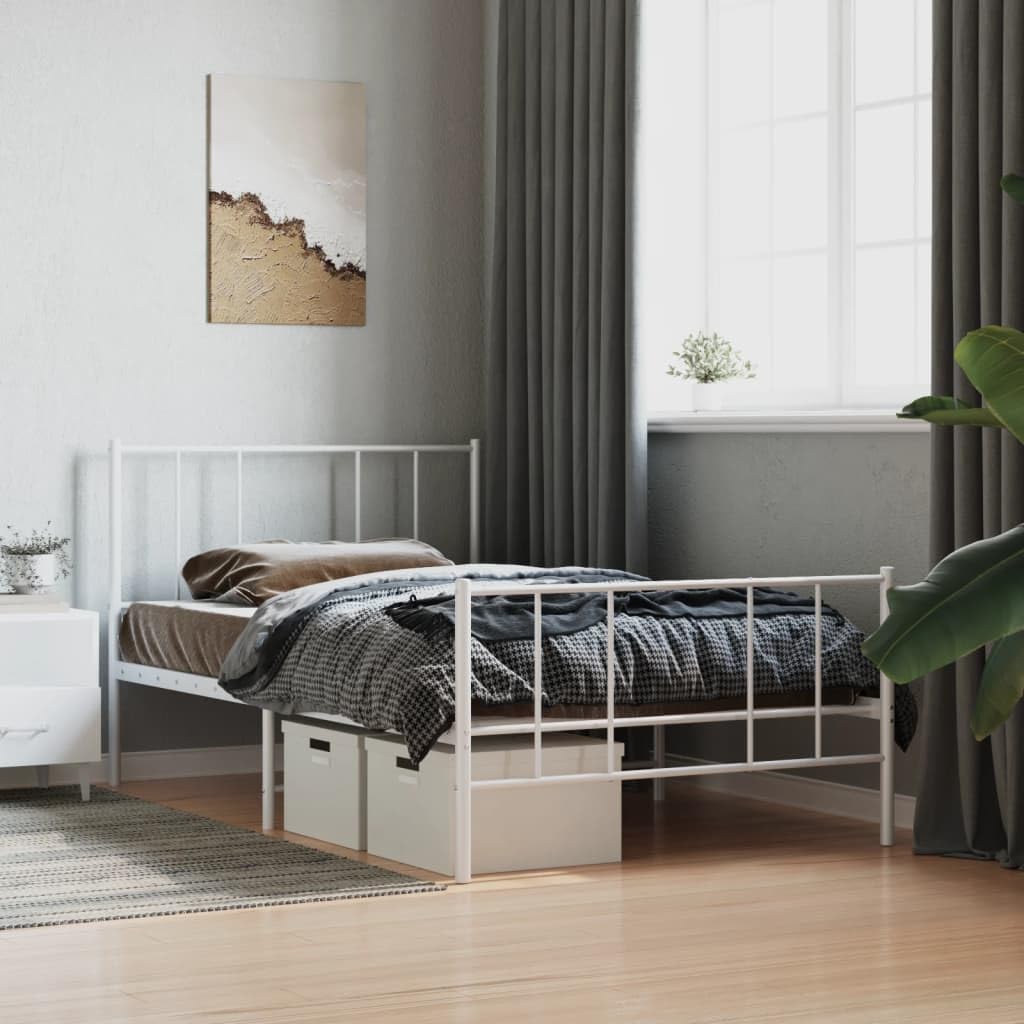 vidaXL Robust White Metal Bed Frame - Powder-Coated Steel Construction, Metal Slats, and Legs, Extra Underneath Storage Space, with Headboard and Footboard, Suited for 39.4&quot;x74.8&quot; Mattress.