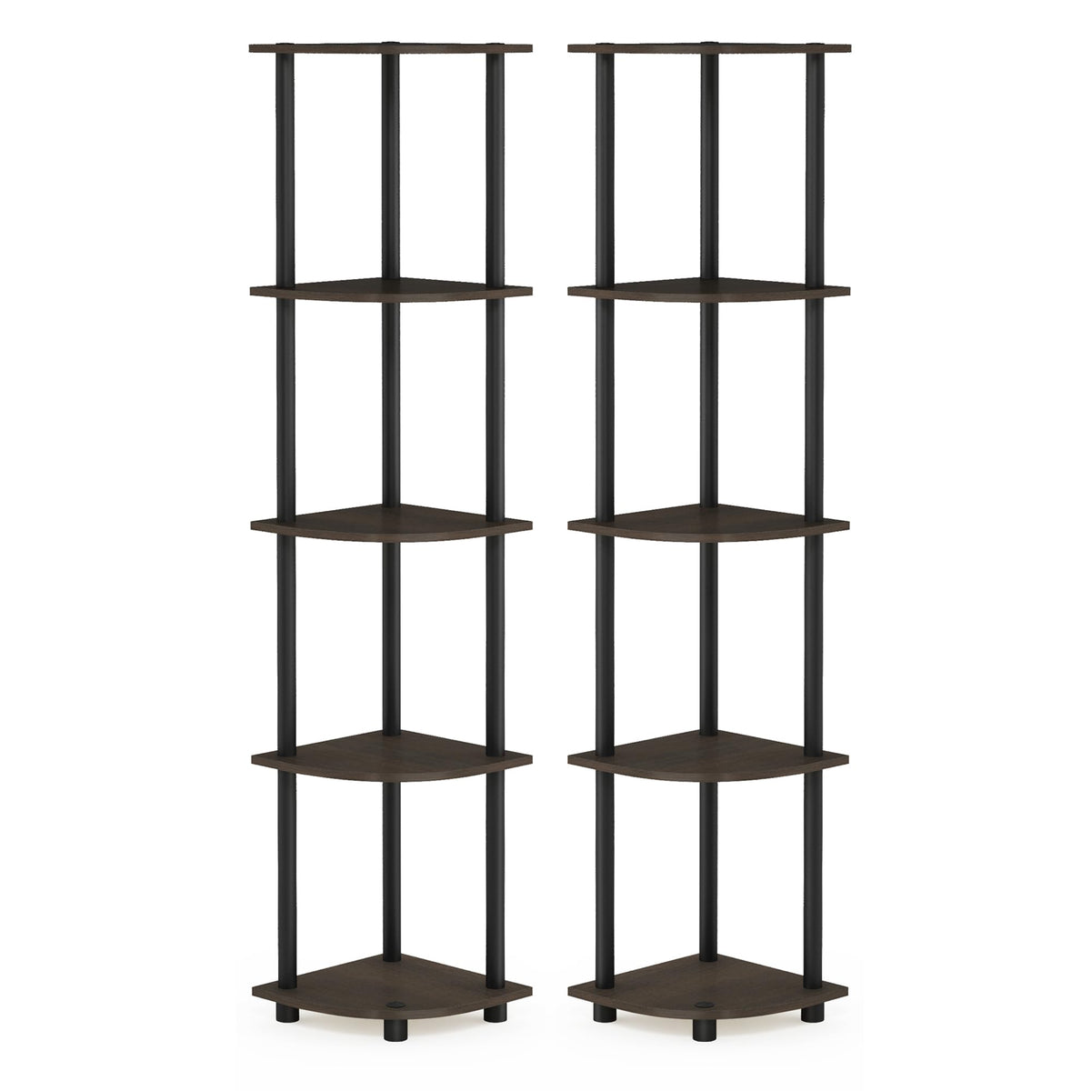 Furinno Turn-N-Tube 5-Tier Corner Multipurpose Display Shelves, Set of 2, Dark Brown Grain/Black