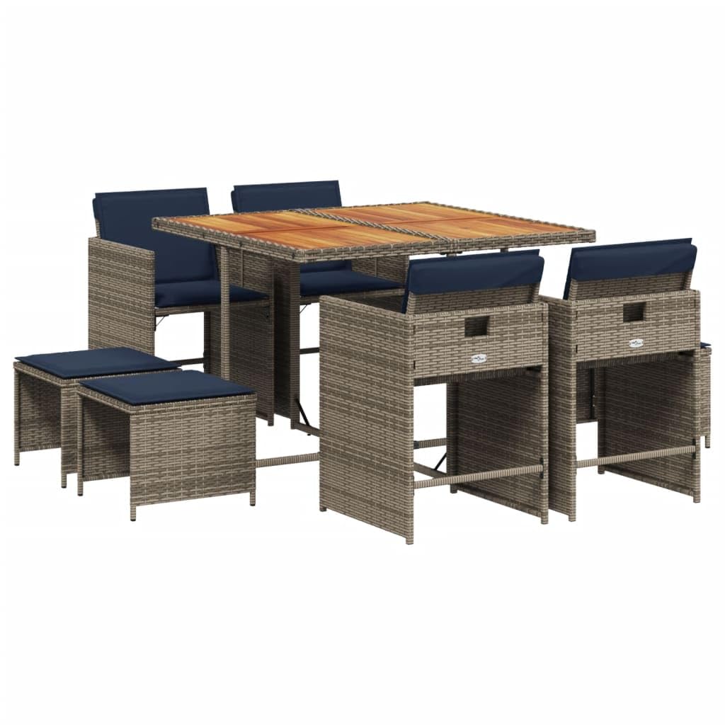 vidaXL Patio Dining Set with Cushions - Gray Poly Rattan - Garden/Backyard Furniture - 9 Piece Set - Acacia Wood Tabletop - Foldable & Space-Saving Chairs - Navy Blue Cushions