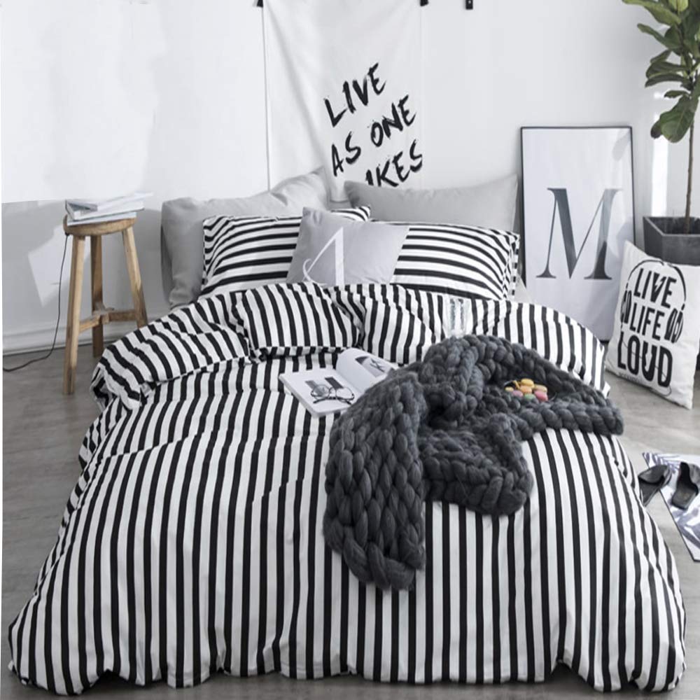 CLOTHKNOW Striped Comforter Set Twin 3Pcs Black and White Bedding Comforter Sets Ticking Comforter Black White Twin Comforter So