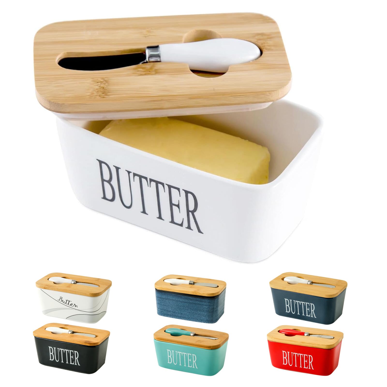 Hasense Porcelain Butter Dish with Wooden Lid  Covered Butter Dish with Butter Knife for Countertop, White