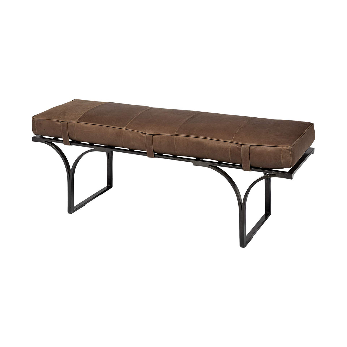 HomeRoots Matte Black Rectangular Metal/Matte-Black Antiqued Brown Genuine Leather Seat Accent Bench