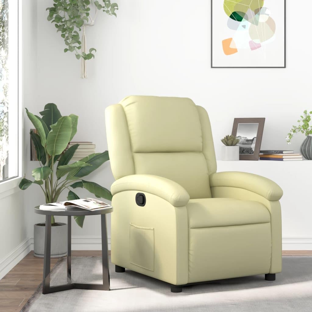 vidaXL Recliner Chair - Cream Real Leather Lounger - Manual Reclining with Solid Wood & Metal Frame, Padded Armrests, Side Pocket, 242.5 lb Load Capacity - Living Room/Office