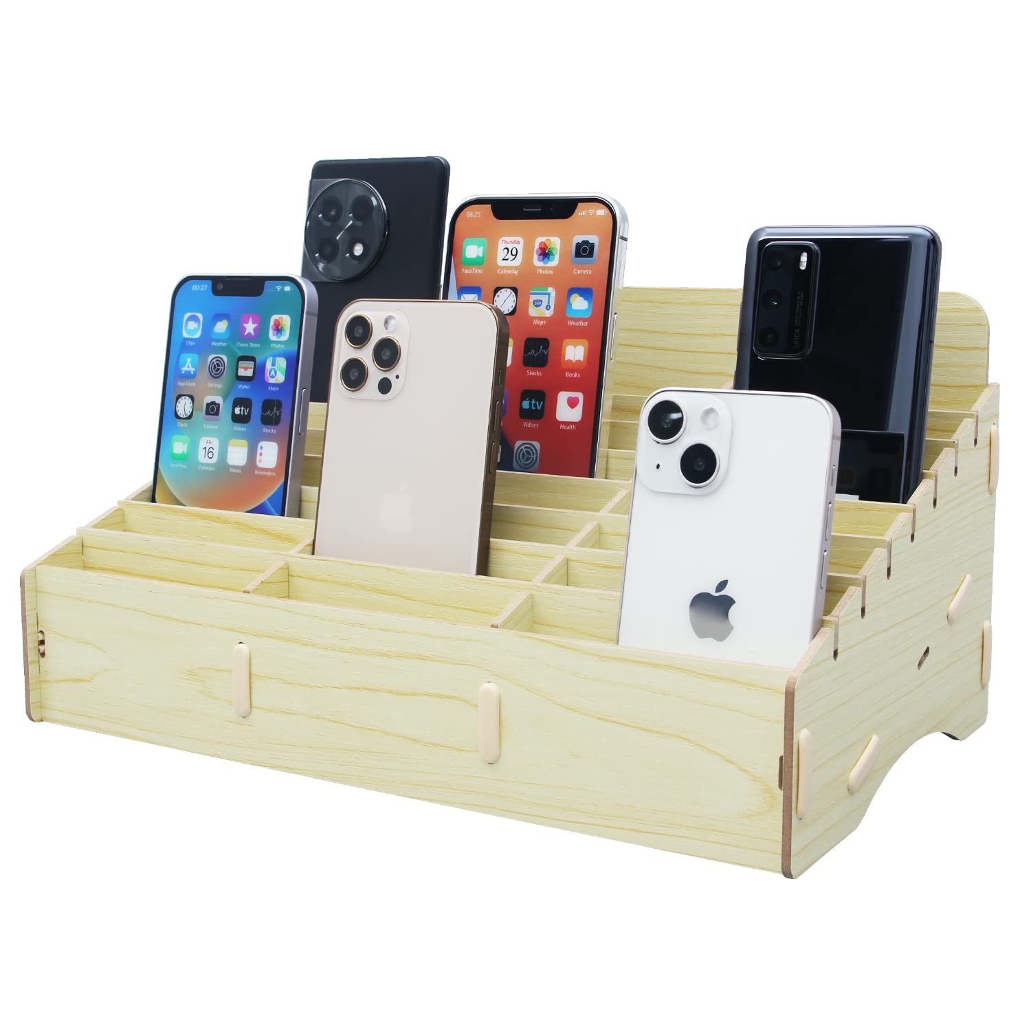 Hengtianmei 24 Grids Cell Phone Holder Classroom Pocket Chart Organizer,Wooden Storage Box Phone Calculator Holder For Classroom
