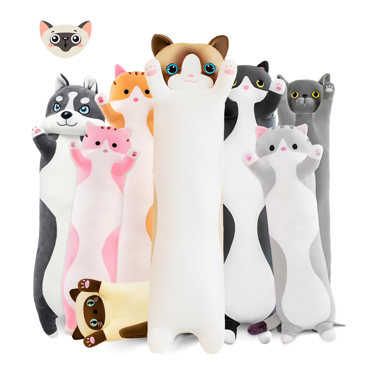 Nxnynz Long Cat Plush Pillow, 27.6In Cute White Cat Plushie Stuffed Animals Body Pillow, Kawaii Kitten Soft Plushie Doll Toy Bir