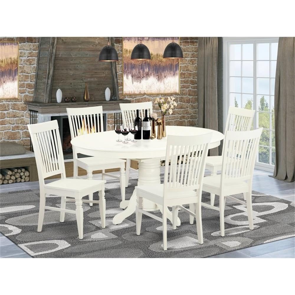 East West Furniture Avwe7-Lwh-W 7 Piece Kitchen Table & Chairs Set Consist Of An Oval Dining Table With Butterfly Leaf And 6 Dining Room Chairs, 42X60 Inch, Linen White