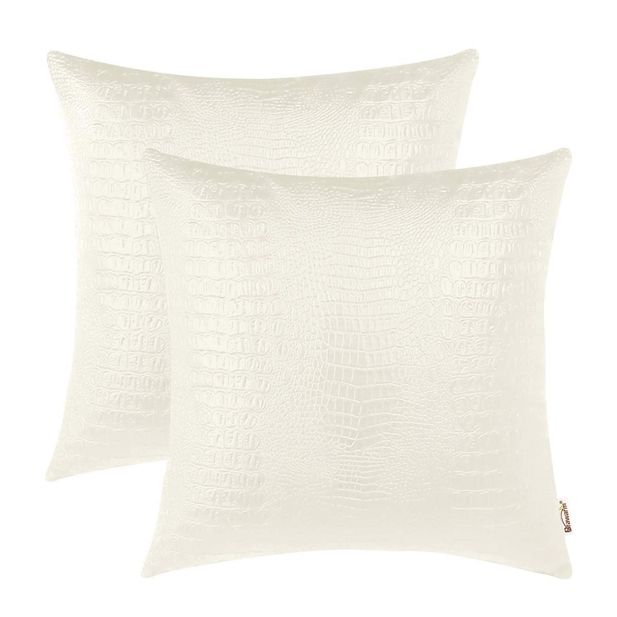 BRAWARM Faux Leather Pillow Covers 18 X 18 Inches, Ivory White Leather Pillow Covers Pack of 2, Crocodile Leather Decorative Thr