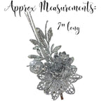 Christmas Poinsettia Flower Stems With Clips - Set/10 Red And Silver Glitter Xmas Floral Sprig Decorations - Artificial Glittere