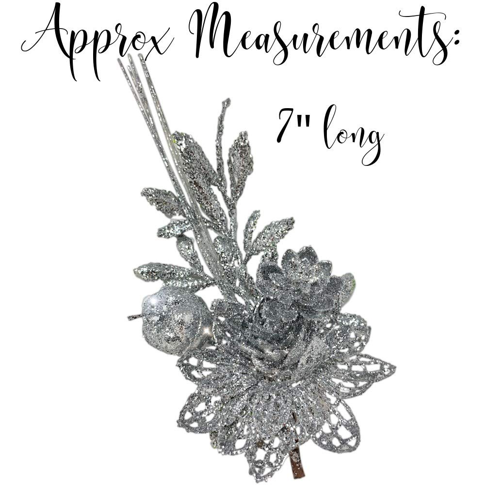 Christmas Poinsettia Flower Stems With Clips - Set/10 Red And Silver Glitter Xmas Floral Sprig Decorations - Artificial Glittere