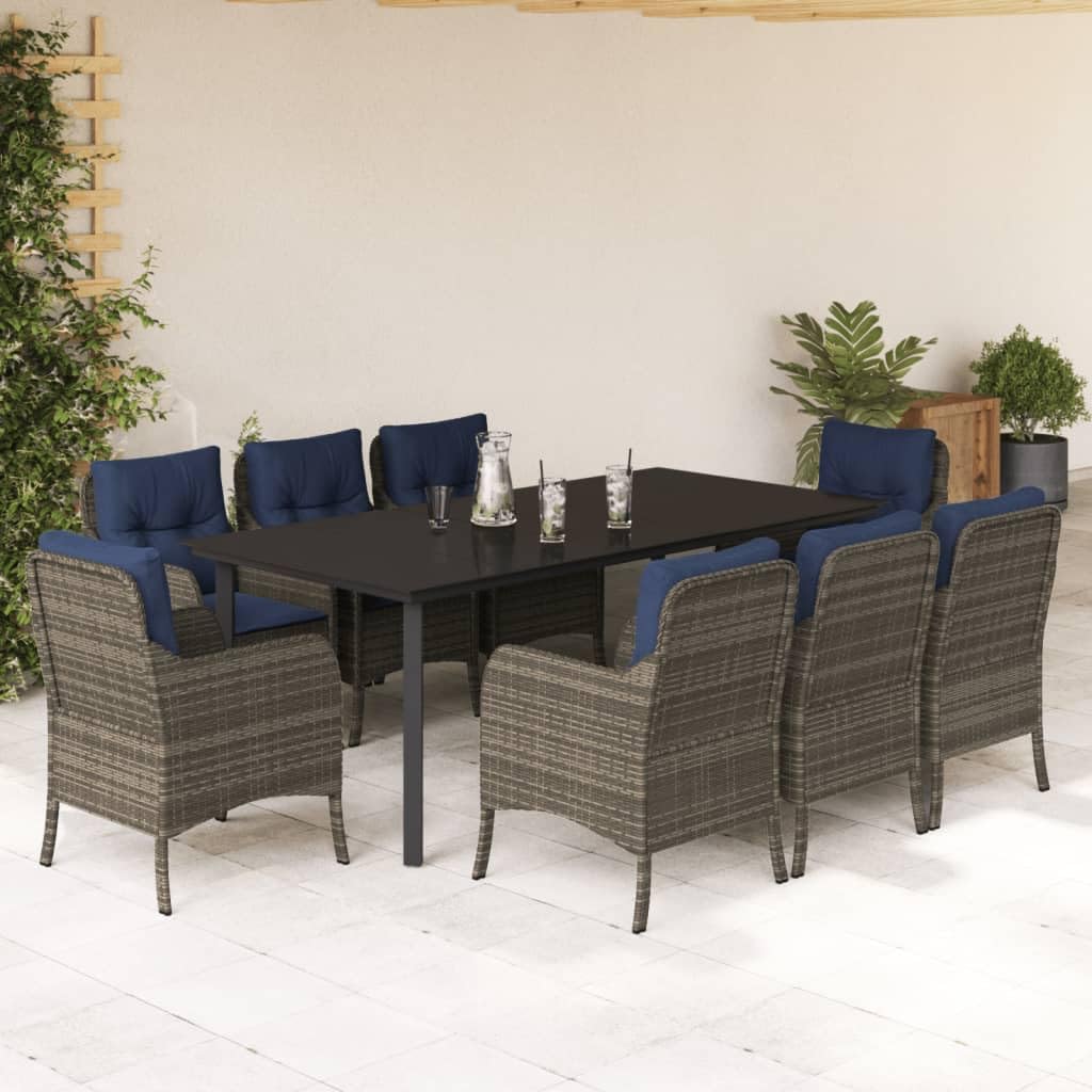 vidaXL 9-Piece Patio Dining Set - Gray PE Rattan, Navy Cushions, Powder-Coated Steel Frame, Tempered Glass Table, Garden/Outdoor/Backyard Furniture