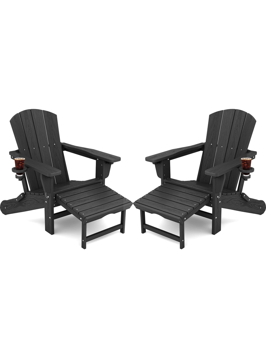 Kingyes Folding Adjustable Adirondack Chair With Retractable Ottoman Set Of 2, Hdpe Oversized Outdoor Chair With Cup Holder, Wood-Like Reclining Versatile Adirondack Chair, Black