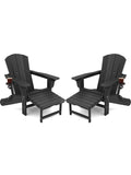 Kingyes Folding Adjustable Adirondack Chair With Retractable Ottoman Set Of 2, Hdpe Oversized Outdoor Chair With Cup Holder, Wood-Like Reclining Versatile Adirondack Chair, Black