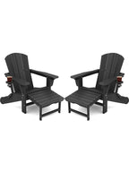 Kingyes Folding Adjustable Adirondack Chair With Retractable Ottoman Set Of 2, Hdpe Oversized Outdoor Chair With Cup Holder, Wood-Like Reclining Versatile Adirondack Chair, Black