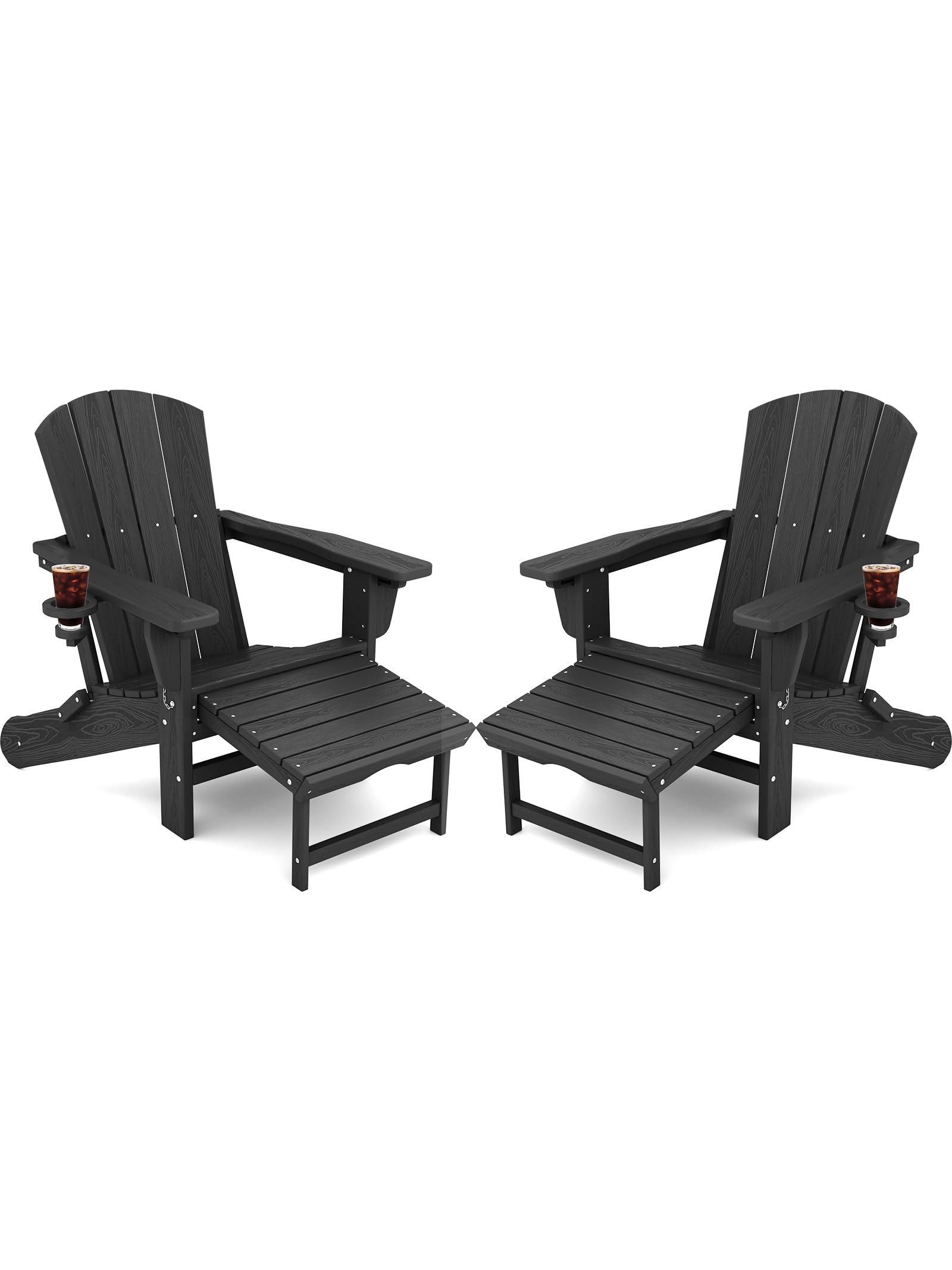 Kingyes Folding Adjustable Adirondack Chair With Retractable Ottoman Set Of 2, Hdpe Oversized Outdoor Chair With Cup Holder, Wood-Like Reclining Versatile Adirondack Chair, Black