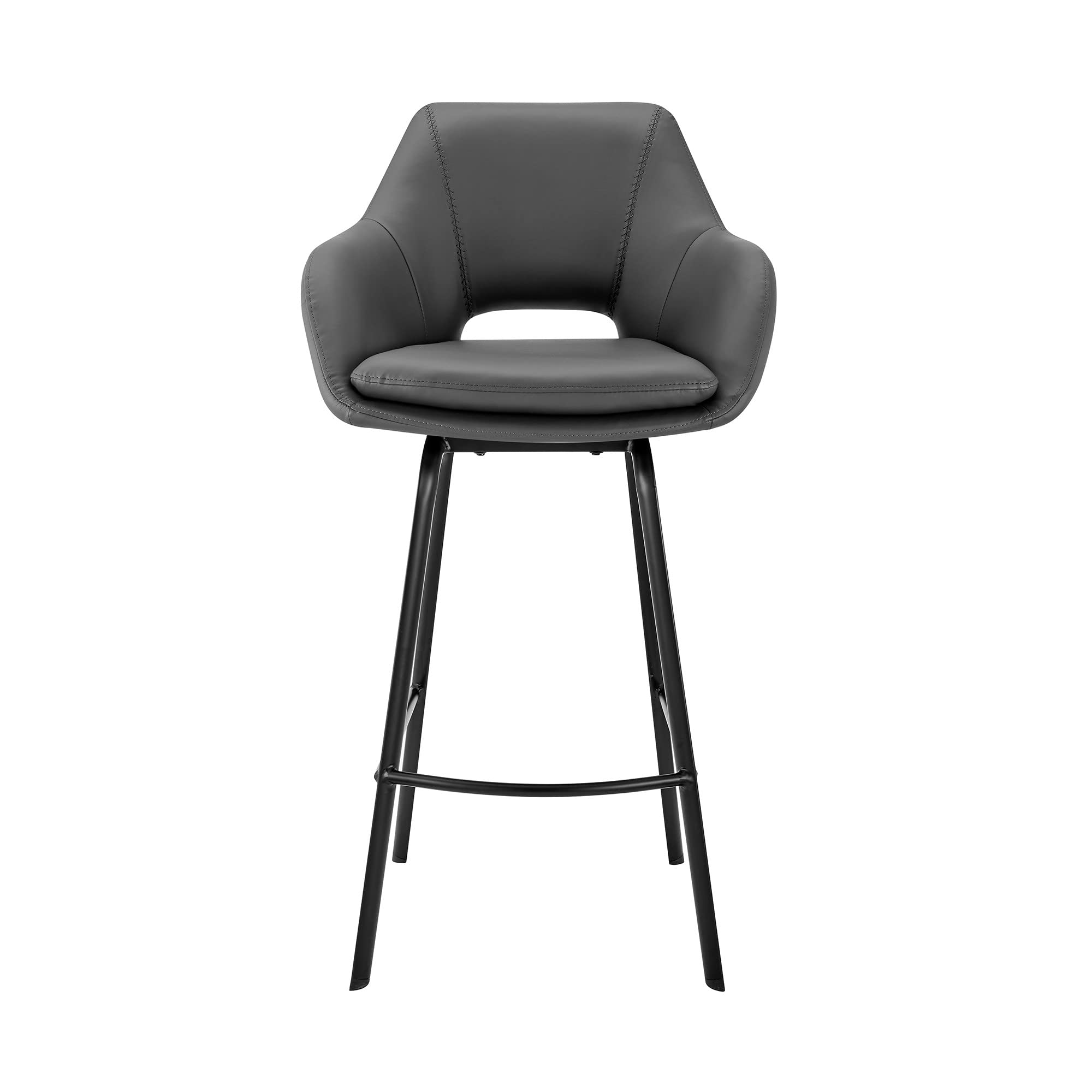 HomeRoots Metal, Faux Leather 30' Gray on Black Faux Leather Comfy Swivel Bar Stool