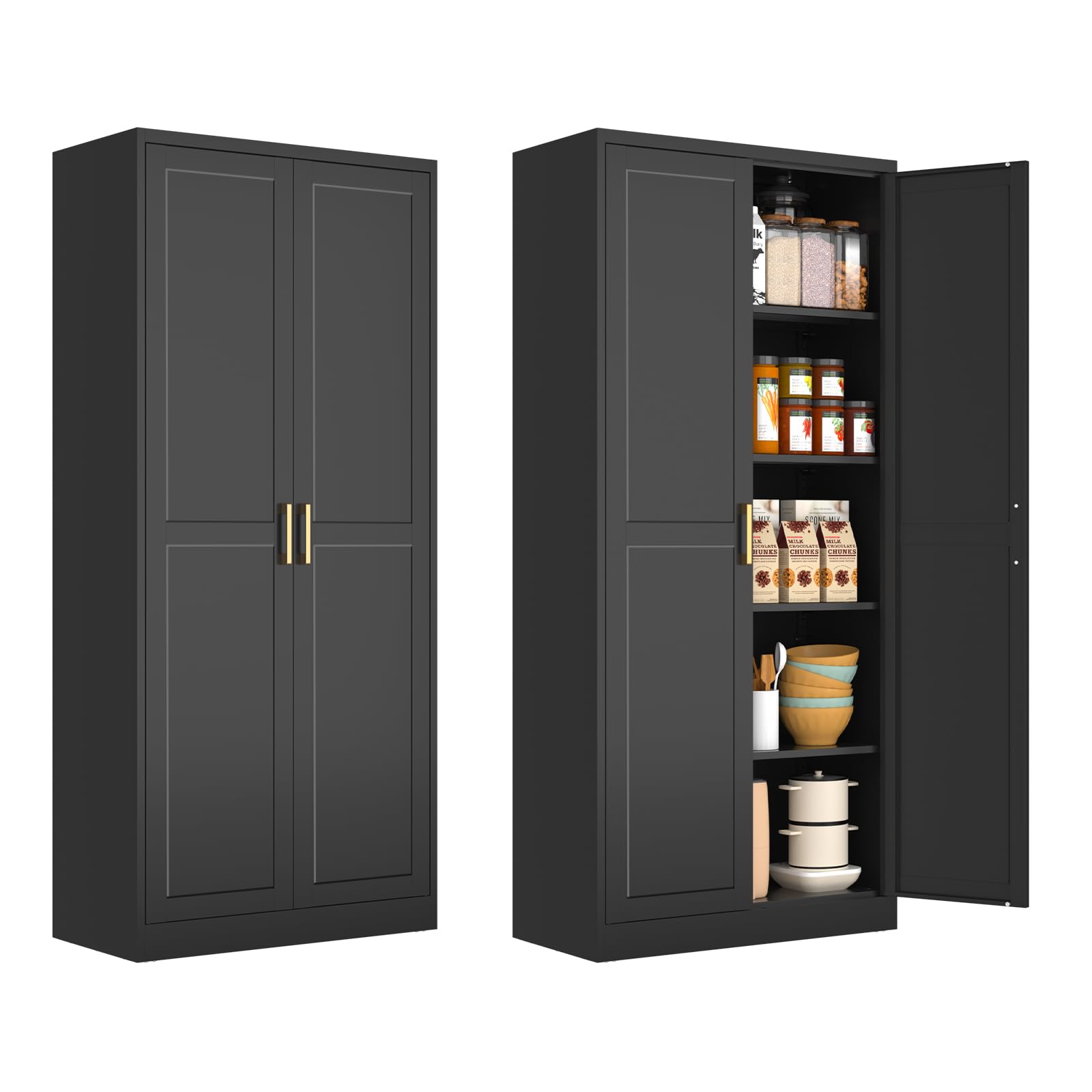 Pantry Cabinet, 71 Inch Tall Kitchen Storage Cabinet, Metal Pantry Cabinet With Doors And Adjustable Shelves, Black Food Cupboar