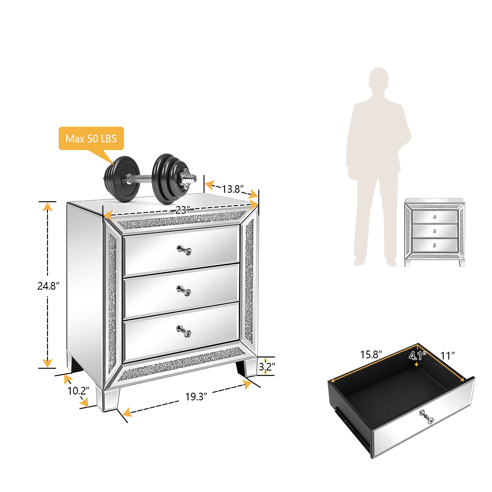 Vingli Mirrored Nightstands Set Of 2, 23' W Glass Mirror Night Stand Set Of 2, Modern Bedside Table 3 Drawer Glass Side End Table Silver Dresser For Bedroom, 23”W X 13.8”D X 24.8”H