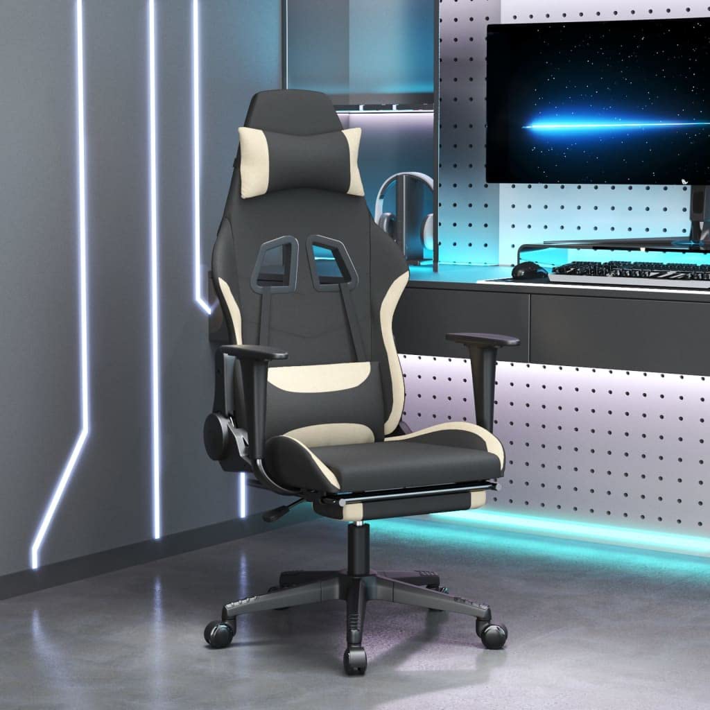 vidaXL Massage Gaming Chair with Built-in Massage Functionality, Adjustable Seat & Backrest, Reclining Feature with Footrest, Suitable for Gaming and Office Use, Black and Cream Fabric