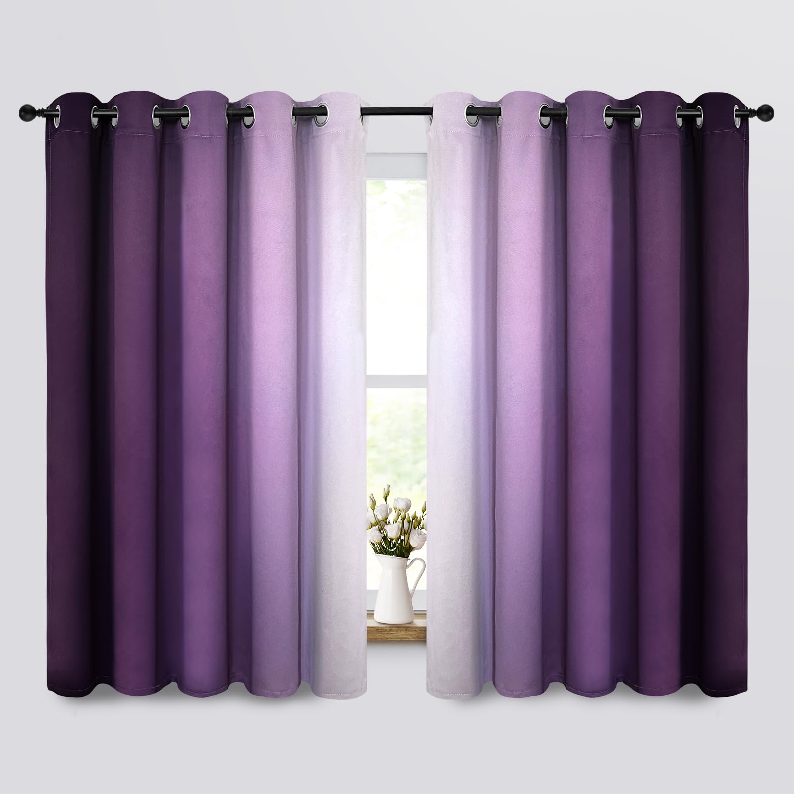 Yakamok Thermal Insulated Ombre Curtains 63 Inch Length 2 Panels, Greyish White And Purple Light Blocking Gradient Color Curtain