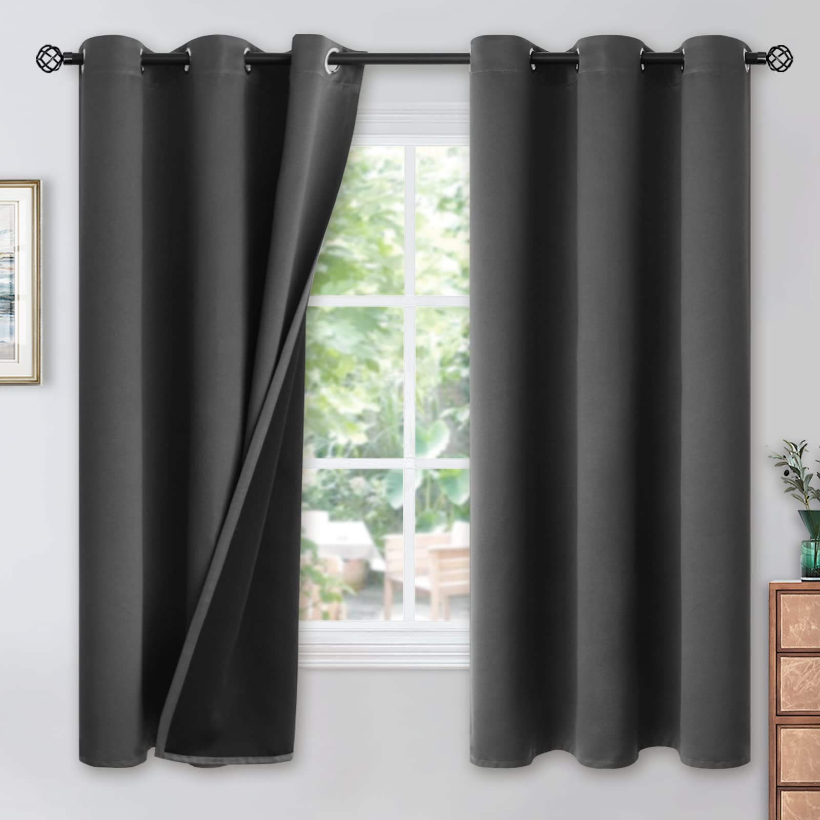 Youngstex Dark Grey 100% Insulated Blackout Curtains 63 Inches Long For Bedroom Room Darkening Thermal Black Out Window Drapes W