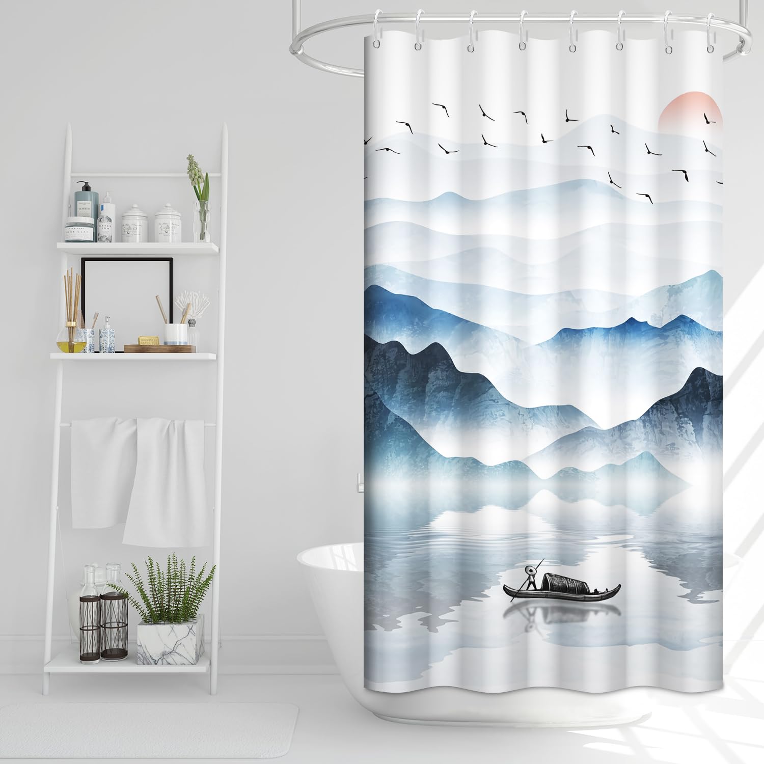 Ruelvth Stall Shower Curtain, Ink Painting Mountain Small Shower Curtain Set Abstract Sunrise Aesthetic Nature Scenery Waterproo