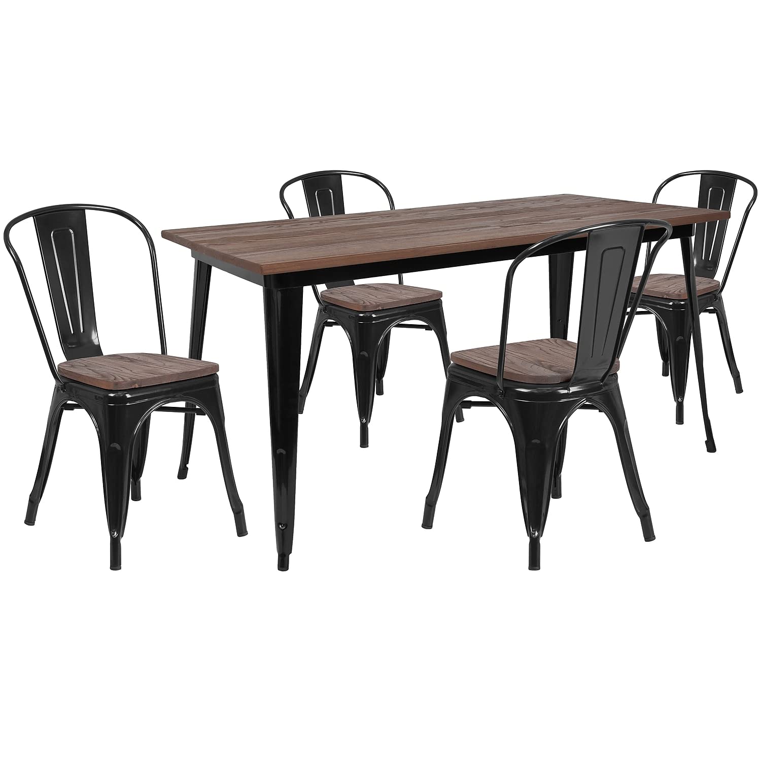 Flash Furniture 30.25 x 60 Metal Table Set with Wood Top and 4 Stack Chairs, Black