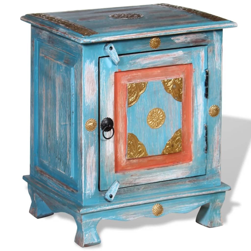 vidaXL Solid Mango Wood Nightstand - Blue, Vintage Indian Style, Versatile as End Table or Telephone Stand with Spacious Cabinet Storage, Handmade with Decorative Brass Fittings.
