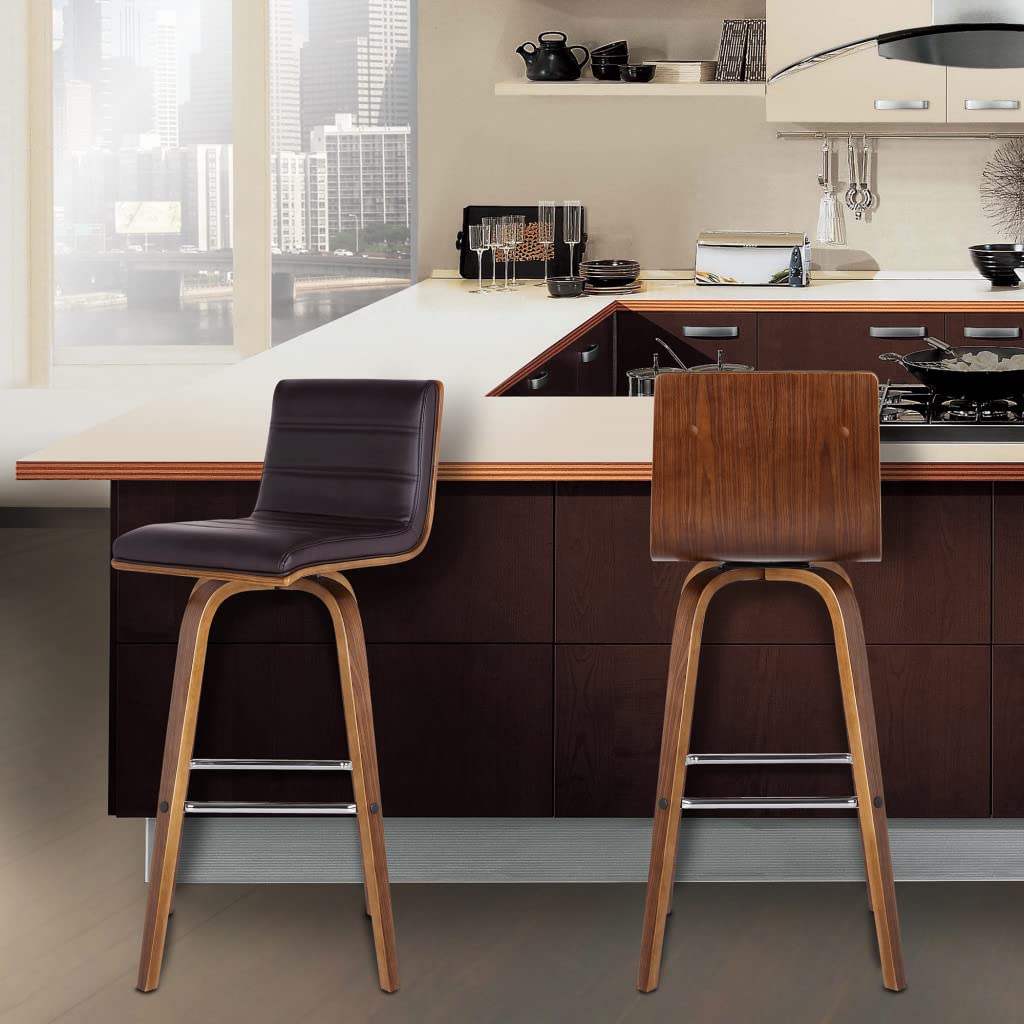 HomeRoots Wood, Faux Leather/Leatherette, Stainless Steel 26â€ Brown Faux Leather Wooden Swivel Bar Stool