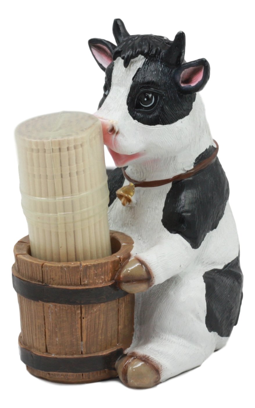 Ebros Country Farm Bovine Cow With Bell Collar Holding A Wooden Barrel Decorative Toothpick Holder Statue With Toothpicks 4'Tal