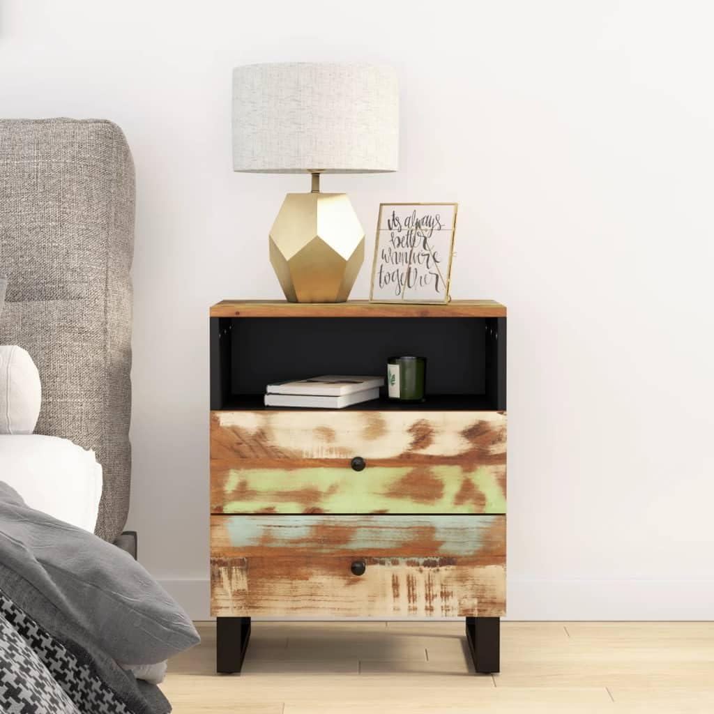 vidaXL Reclaimed Wood Bedside Cabinet with Drawers - Industrial Touch, Environmentally Friendly, Unique Handmade, Multicoloured, Easy Assembly, 19.7&quot;x13&quot;x24.4&quot;