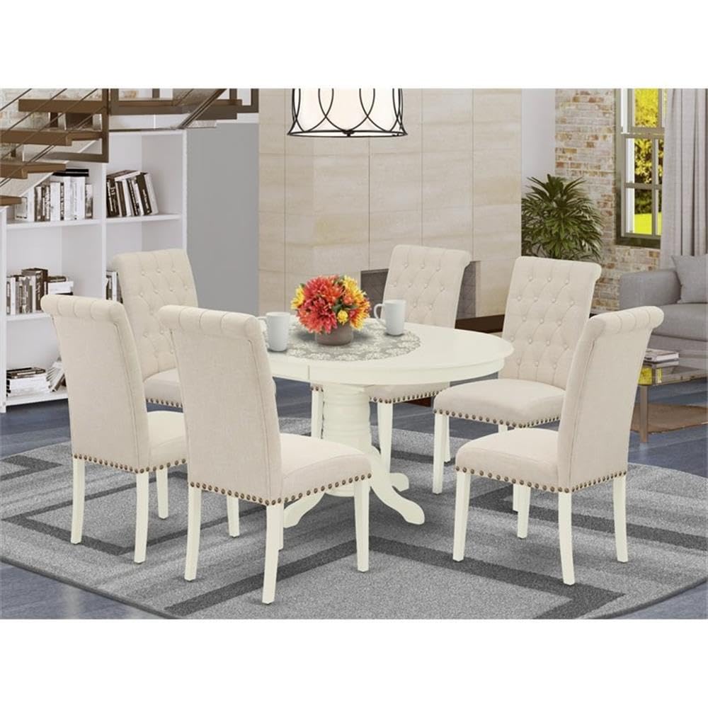 East West Furniture Avbr7-Lwh-02 7 Piece Kitchen Table Set Consist Of An Oval Dining Room Table With Butterfly Leaf And 6 Light Beige Linen Fabric Parson Chairs, 42X60 Inch, Linen White