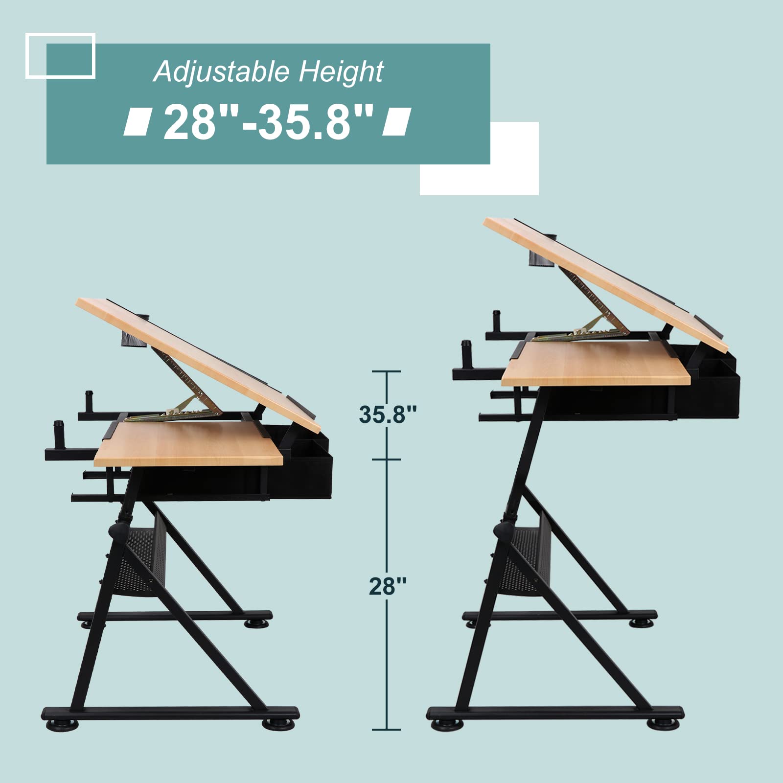 ZENY Drafting Table Art Desk, Height Adjustable Artist Drawing Table with Tilted Tabletop, Brown Engineered Wood, ZENYJA018103