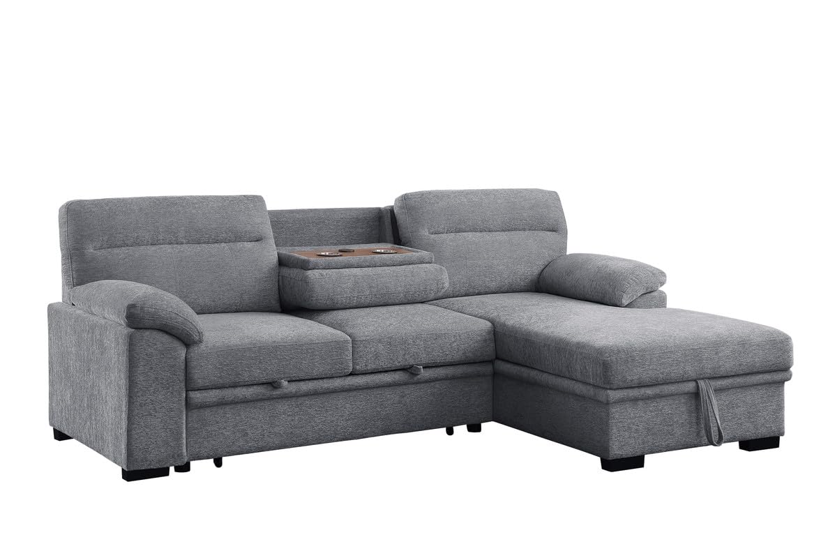 Lilola Home Kipling II 92.5" W Light Gray Chenille Fabric Sleeper Sectional Sofa with Right-Facing Chaise, Cupholders, USB Charging Port