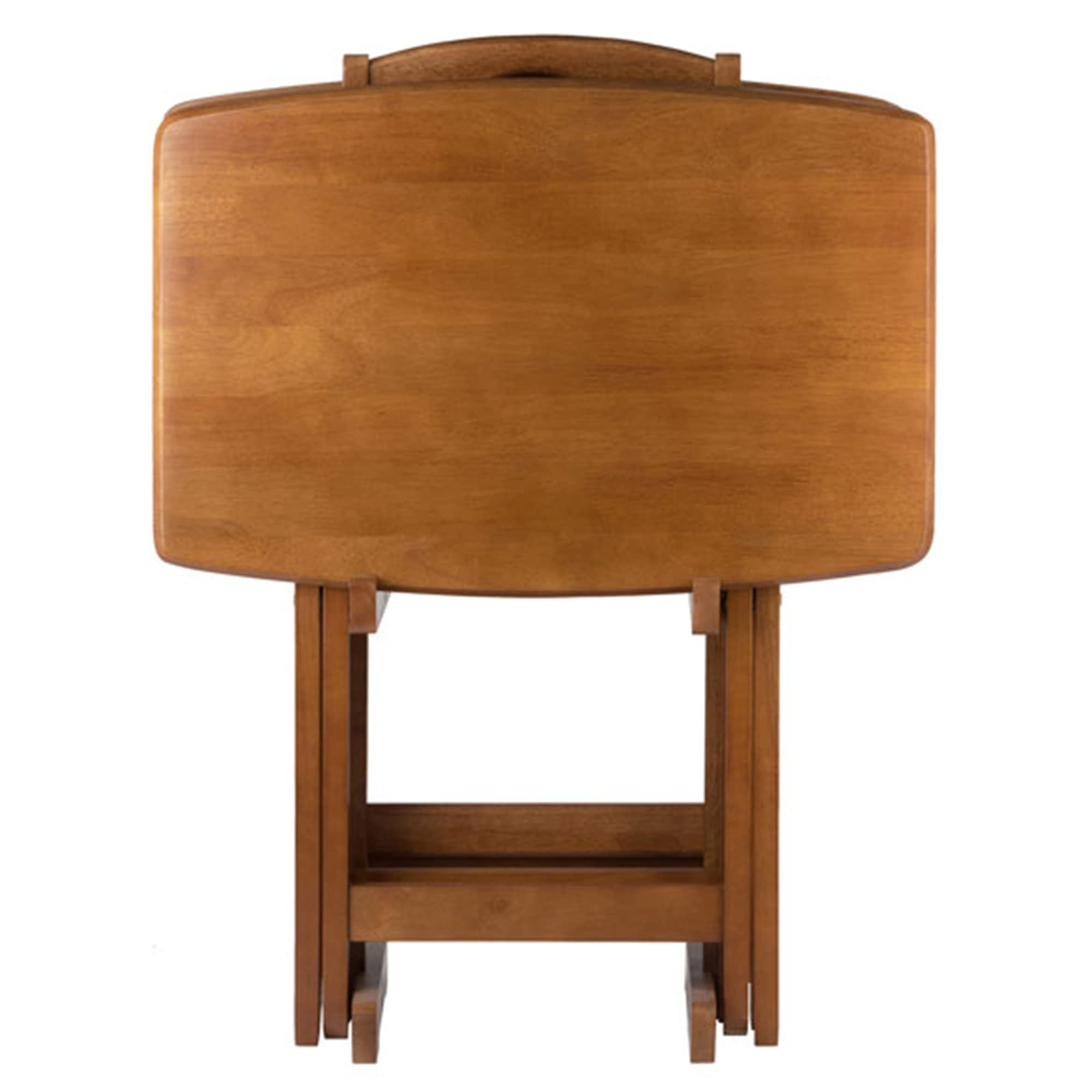 Ergode Wood Dylan 5-Piece Folding Snack Table Set – Teak Finish, Durable X-Frame Base, Compact Storage Stand, Easy Assembly, Perfect for Dining, Laptops & Entertaining, 25.5' H x 23.6' W x 15.7' D