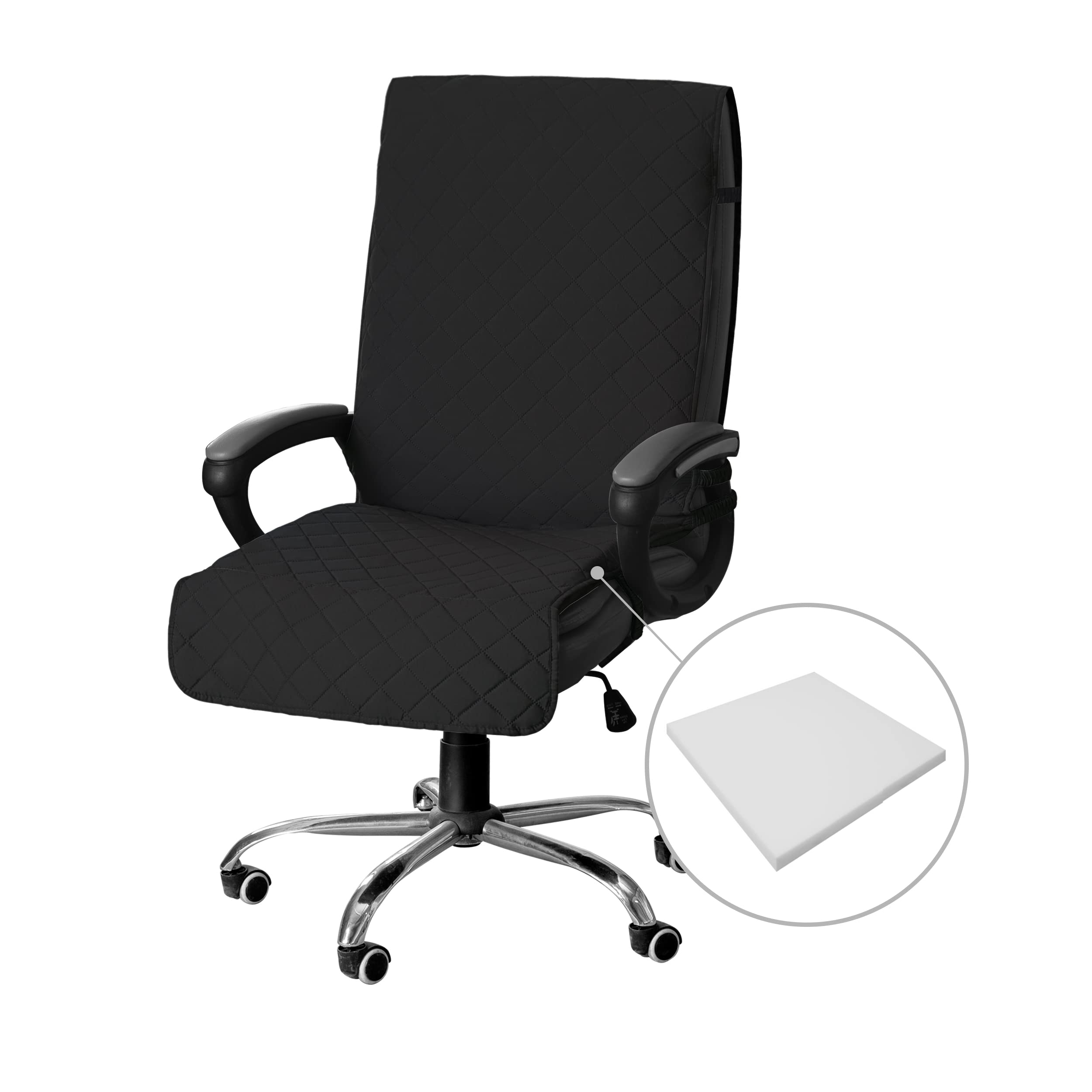 Easy-Going Quilted Microfiber Office Chair Cover With Soft Memory Foam Seat Cushion Water Resistant Desk Computer Chair Slipcover Anti-Slip Chair Protector (Medium, Black)